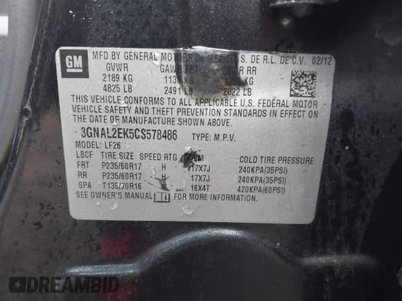 2012 Chevrolet Captiva Sport LS с VIN 3GNAL2EK5CS578486, выставлен на аукционе IAAI как лот 42747747 с пробегом 105 035 миль миль и . История ставок и продаж доступна на DreamBid. Изображение 9.