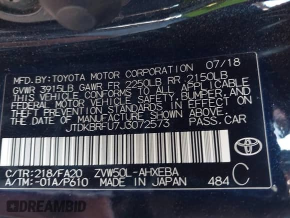 2018 Toyota Prius Two z VIN JTDKBRFU7J3072573, wystawiony jako IAAI lot #43402083 z przebiegiem 73 758 mil mil oraz . Historia ofert i sprzedaży dostępna na DreamBid. Obrazek 9.