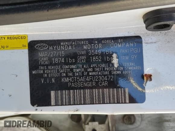 2015 Hyundai Accent GS с VIN KMHCT5AE4FU230472, выставлен на аукционе Copart как лот 87074125 с пробегом 152 407 миль миль и Чистый • Clean title. История ставок и продаж доступна на DreamBid. Изображение 12.