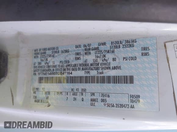 2007 Ford Econoline Cargo Commercial with VIN 1FTNE14W07DB41164, listed as a IAAI auction lot 41566579 with 206,127 mi miles and . Bid and sale history available at DreamBid. Image 9.