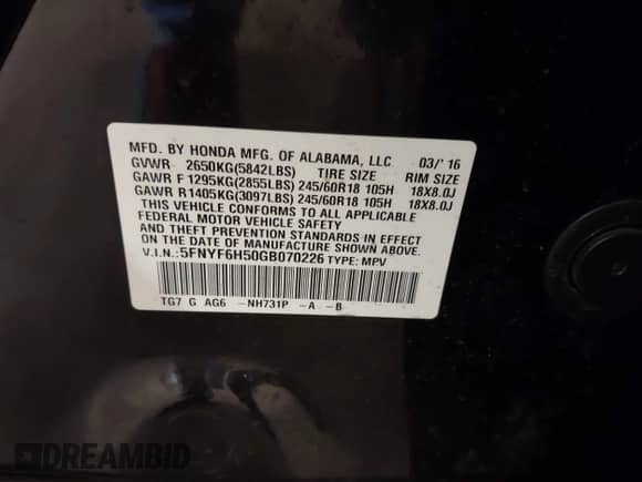 2016 Honda Pilot EX-L z VIN 5FNYF6H50GB070226, wystawiony jako IAAI lot #43255747 z przebiegiem 84 517 mil mil oraz . Historia ofert i sprzedaży dostępna na DreamBid. Obrazek 9.