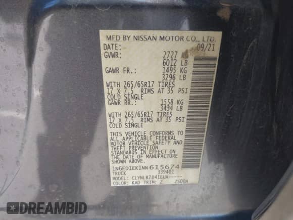2022 Nissan Frontier S with VIN 1N6ED1EK1NN615674, listed as a IAAI auction lot 42866278 with 68,053 mi miles and . Bid and sale history available at DreamBid. Image 9.