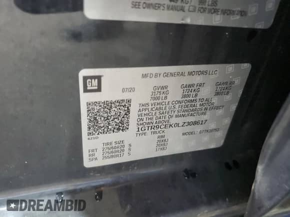 2020 GMC Sierra 1500 Elevation with VIN 1GTR9CEK0LZ308617, listed as a Copart auction lot 64212075 with 95,602 mi miles and Salvage title. Bid and sale history available at DreamBid. Image 12.