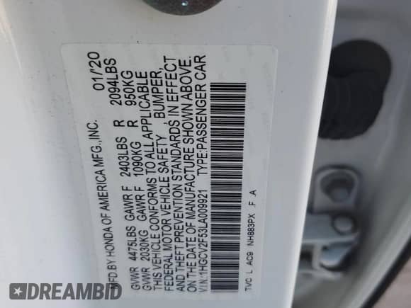 2020 Honda Accord EX-L with VIN 1HGCV2F53LA009921, listed as a Copart auction lot 62404045 with 48,763 mi miles and Salvage title. Bid and sale history available at DreamBid. Image 12.