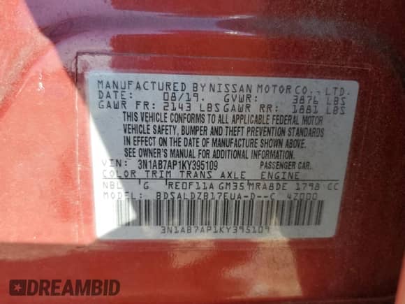 2019 Nissan Sentra SR with VIN 3N1AB7AP1KY395109, listed as a Copart auction lot 87366415 with 77,973 mi miles and Salvage title. Bid and sale history available at DreamBid. Image 12.