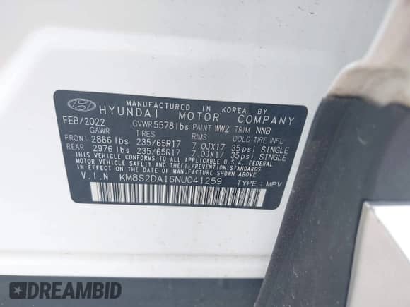 2022 Hyundai Santa Fe Blue с VIN KM8S2DA16NU041259, выставлен на аукционе IAAI как лот 42418078 с пробегом 34 065 миль миль и . История ставок и продаж доступна на DreamBid. Изображение 9.