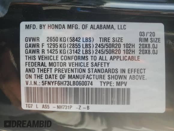 2020 Honda Pilot Black Edition z VIN 5FNYF6H73LB060074, wystawiony jako Copart lot #68912815 z przebiegiem 25 662 mil mil oraz Szkoda całkowita • Salvage title. Historia ofert i sprzedaży dostępna na DreamBid. Obrazek 13.