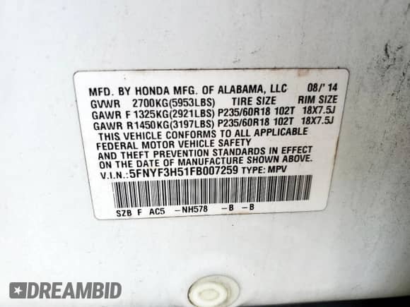 2015 Honda Pilot EX-L with VIN 5FNYF3H51FB007259, listed as a Copart auction lot 64305555 with 141,179 mi miles and Salvage title. Bid and sale history available at DreamBid. Image 13.