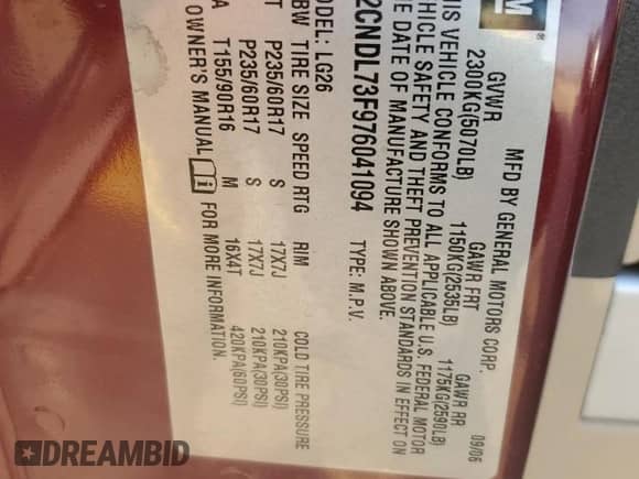 2007 Chevrolet Equinox LT с VIN 2CNDL73F976041094, выставлен на аукционе Copart как лот 71835294 с пробегом 179 947 миль миль и Списание • Salvage title. История ставок и продаж доступна на DreamBid. Изображение 14.