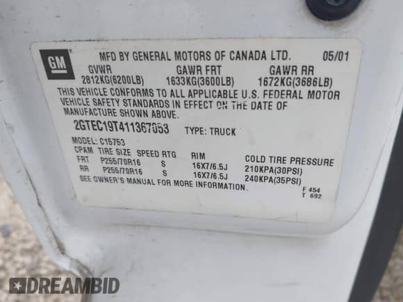 2001 GMC Sierra 1500 SLE z VIN 2GTEC19T411367053, wystawiony jako IAAI lot #42449658 z przebiegiem 235 885 mil mil oraz . Historia ofert i sprzedaży dostępna na DreamBid. Obrazek 9.
