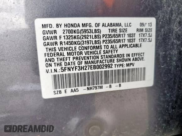 2014 Honda Pilot LX с VIN 5FNYF3H27EB002992, выставлен на аукционе Copart как лот 68521245 с пробегом 61 287 миль миль и Списание • Salvage title. История ставок и продаж доступна на DreamBid. Изображение 12.