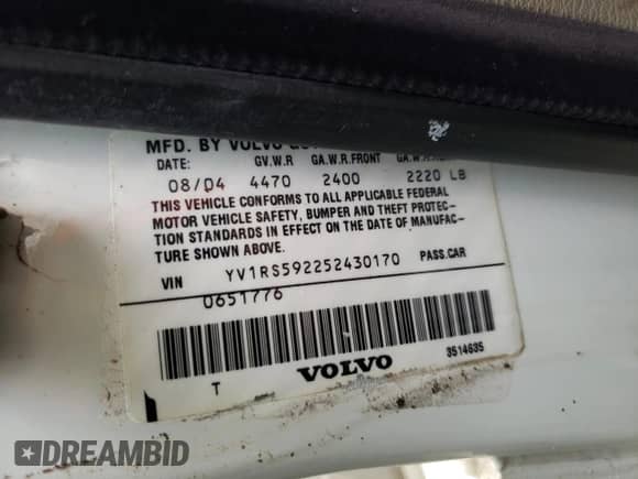 2005 Volvo S60 с VIN YV1RS592252430170, выставлен на аукционе Copart как лот 65732275 с пробегом 218 085 миль миль и Списание • Salvage title. История ставок и продаж доступна на DreamBid. Изображение 12.
