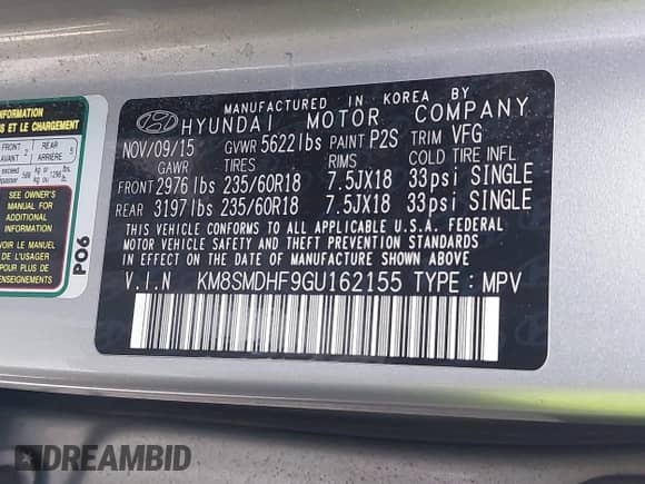 2016 Hyundai Santa Fe SE with VIN KM8SMDHF9GU162155, listed as a IAAI auction lot 43178113 with 148,621 mi miles and . Bid and sale history available at DreamBid. Image 9.