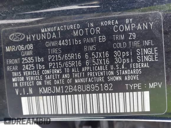 2008 Hyundai Tucson GLS с VIN KM8JM12B48U895182, выставлен на аукционе IAAI как лот 43250072 с пробегом 124 095 миль миль и . История ставок и продаж доступна на DreamBid. Изображение 9.