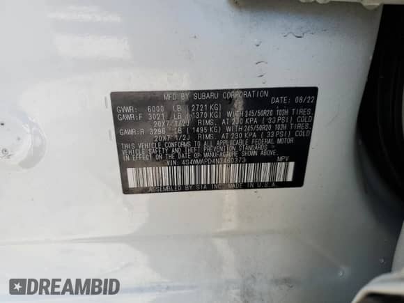 2022 Subaru Ascent Limited с VIN 4S4WMAPD4N3460373, выставлен на аукционе Copart как лот 68328925 с пробегом 36 285 миль миль и Списание • Salvage title. История ставок и продаж доступна на DreamBid. Изображение 14.