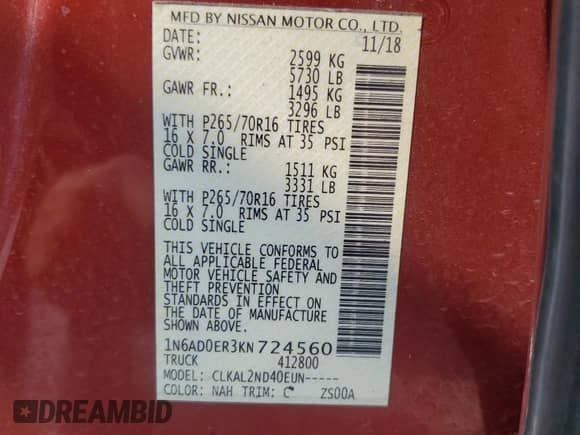 2019 Nissan Frontier SV with VIN 1N6AD0ER3KN724560, listed as a Copart auction lot 71694955 with 65,104 mi miles and Salvage title. Bid and sale history available at DreamBid. Image 12.
