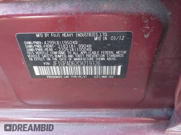 2012 Subaru Impreza Premium с VIN JF1GPAD62CH219326, выставлен на аукционе IAAI как лот 43243501 с пробегом 178 837 миль миль и . История ставок и продаж доступна на DreamBid. Изображение 9.