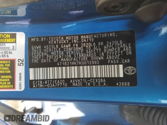 2019 Toyota Camry Hybrid LE с VIN 4T1B21HK7KU012992, выставлен на аукционе Copart как лот 71044625 с пробегом 77 417 миль миль и Списание • Salvage title. История ставок и продаж доступна на DreamBid. Изображение 12.