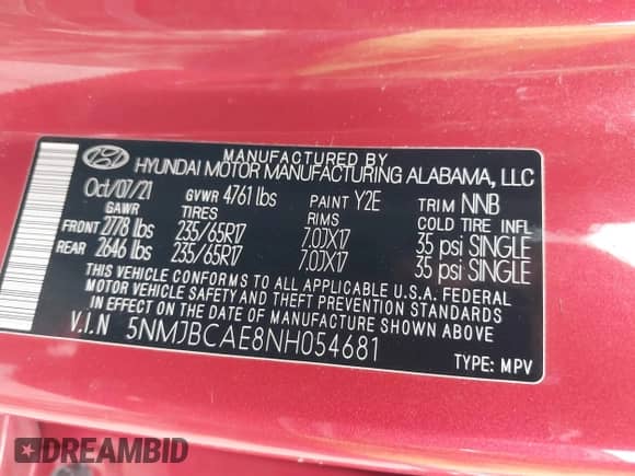 2022 Hyundai Tucson SEL with VIN 5NMJBCAE8NH054681, listed as a IAAI auction lot 43193682 with 33,510 mi miles and . Bid and sale history available at DreamBid. Image 9.