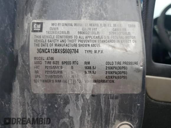 2009 Chevrolet HHR LS with VIN 3GNCA13BX9S609784, listed as a Copart auction lot 71627934 with Not provided miles and Salvage title. Bid and sale history available at DreamBid. Image 12.