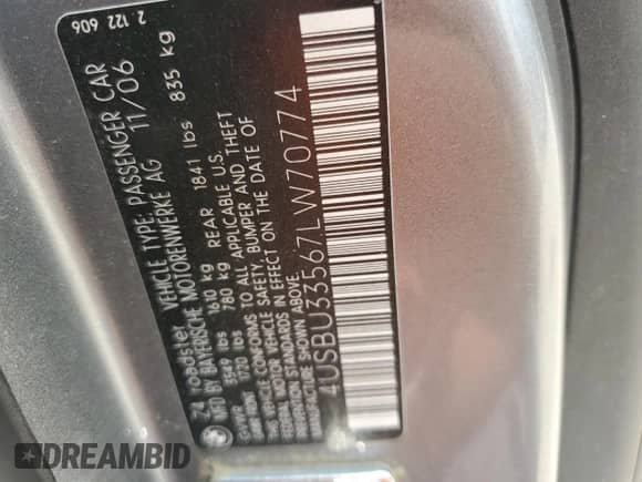 2007 BMW Z4 3.0i с VIN 4USBU33567LW70774, выставлен на аукционе Copart как лот 59754315 с пробегом 77 391 миль миль и Чистый • Clean title. История ставок и продаж доступна на DreamBid. Изображение 12.