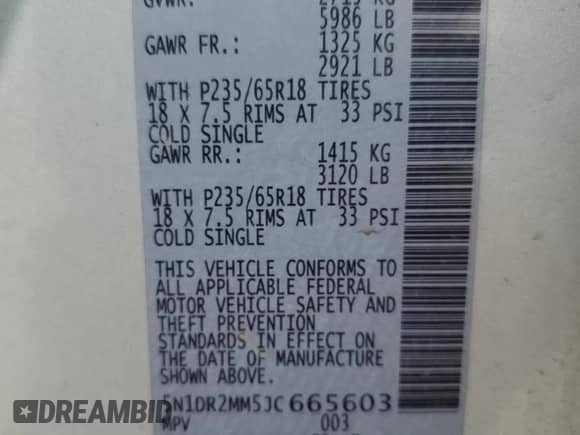 2018 Nissan Pathfinder Platinum with VIN 5N1DR2MM5JC665603, listed as a Copart auction lot 58505055 with 157,836 mi miles and Salvage title. Bid and sale history available at DreamBid. Image 13.