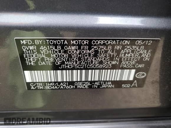 2012 Lexus IS 250 z VIN JTHCF5C21C5058923, wystawiony jako Copart lot #84007825 z przebiegiem 148 884 mil mil oraz Szkoda całkowita • Salvage title. Historia ofert i sprzedaży dostępna na DreamBid. Obrazek 12.