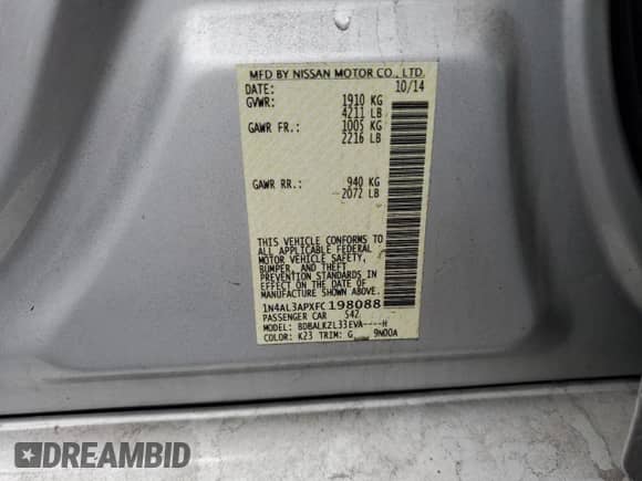 2015 Nissan Altima SV с VIN 1N4AL3APXFC198088, выставлен на аукционе Copart как лот 85904345 с пробегом 161 262 миль миль и Списание • Salvage title. История ставок и продаж доступна на DreamBid. Изображение 12.