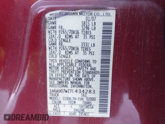 2007 Nissan Frontier LE with VIN 1N6AD07W27C434283, listed as a IAAI auction lot 41579885 with 109,600 mi miles and . Bid and sale history available at DreamBid. Image 9.