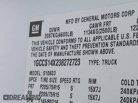 2003 Chevrolet S-10 z VIN 1GCCS14X238272723, wystawiony jako IAAI lot #42800305 z przebiegiem 178 364 mil mil oraz . Historia ofert i sprzedaży dostępna na DreamBid. Obrazek 9.
