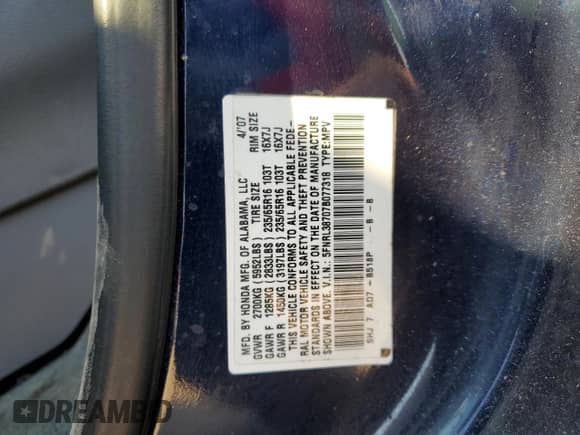 2007 Honda Odyssey EX-L с VIN 5FNRL38707B077318, выставлен на аукционе Copart как лот 71250165 с пробегом 174 272 миль миль и Списание • Salvage title. История ставок и продаж доступна на DreamBid. Изображение 13.