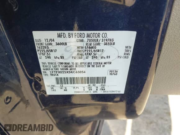 2005 Ford F-150 XLT с VIN 1FTPX025X5KC65054, выставлен на аукционе IAAI как лот 43402540 с пробегом 175 731 миль миль и . История ставок и продаж доступна на DreamBid. Изображение 9.