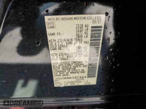 2017 Nissan Murano SL z VIN 5N1AZ2MG9HN167464, wystawiony jako Copart lot #53276785 z przebiegiem 98 376 mil mil oraz Szkoda całkowita • Salvage title. Historia ofert i sprzedaży dostępna na DreamBid. Obrazek 13.