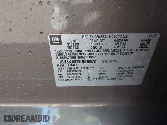 2016 Chevrolet Suburban LTZ с VIN 1GNSKJKC5GR210672, выставлен на аукционе IAAI как лот 43131671 с пробегом Не указан миль и . История ставок и продаж доступна на DreamBid. Изображение 9.