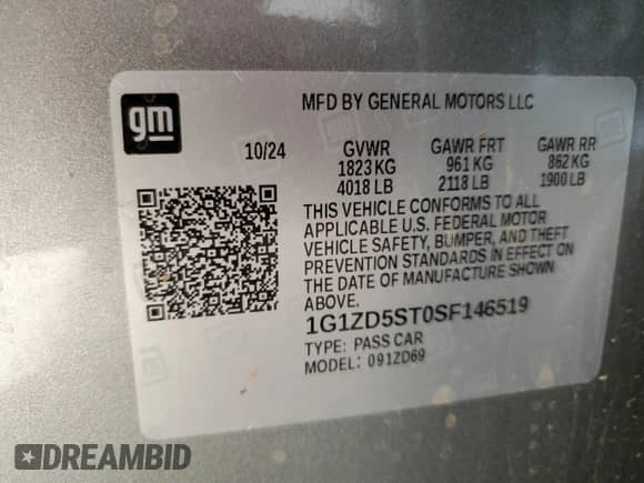 2025 Chevrolet Malibu LT с VIN 1G1ZD5ST0SF146519, выставлен на аукционе Copart как лот 89915455 с пробегом 25 258 миль миль и На запчасти • Non repairable. История ставок и продаж доступна на DreamBid. Изображение 12.