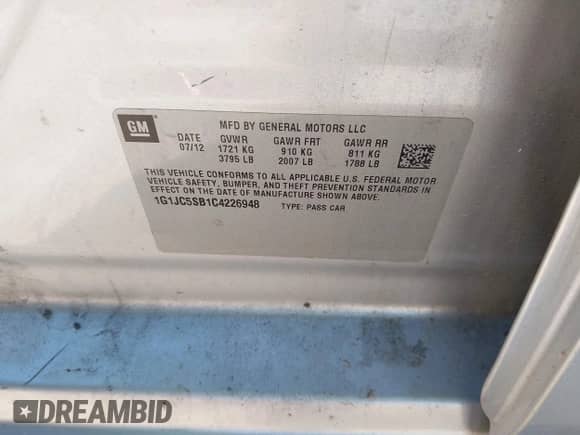 2012 Chevrolet Sonic LT with VIN 1G1JC5SB1C4226948, listed as a IAAI auction lot 42330132 with 160,521 mi miles and . Bid and sale history available at DreamBid. Image 9.