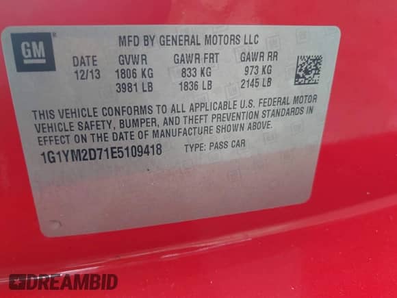 2014 Chevrolet Corvette Z51 3LT with VIN 1G1YM2D71E5109418, listed as a IAAI auction lot 42612960 with 102,000 mi miles and . Bid and sale history available at DreamBid. Image 9.