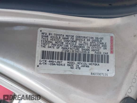 1995 Toyota Camry XLE with VIN JT2GK13E3S0123518, listed as a IAAI auction lot 41504304 with 91,822 mi miles and . Bid and sale history available at DreamBid. Image 9.