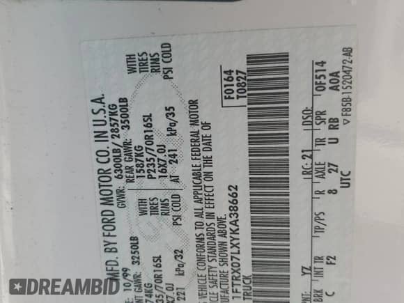 2000 Ford F-150 XL z VIN 1FTRX07LXYKA38662, wystawiony jako Copart lot #68012515 z przebiegiem 96 880 mil mil oraz Nie do naprawy • Non repairable. Historia ofert i sprzedaży dostępna na DreamBid. Obrazek 13.