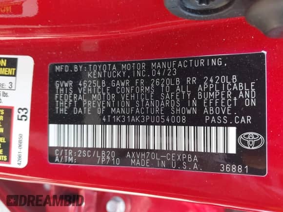 2023 Toyota Camry Hybrid XSE с VIN 4T1K31AK3PU054008, выставлен на аукционе IAAI как лот 42790191 с пробегом 42 529 миль миль и . История ставок и продаж доступна на DreamBid. Изображение 9.