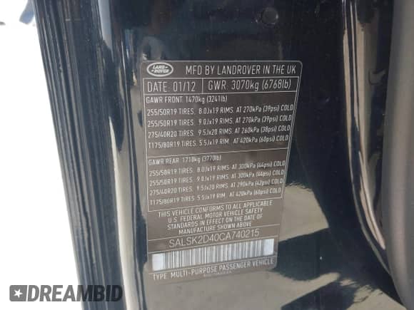 2012 Land Rover Range Rover Sport HSE Lux with VIN SALSK2D40CA740215, listed as a IAAI auction lot 42508854 with 177,990 mi miles and . Bid and sale history available at DreamBid. Image 9.