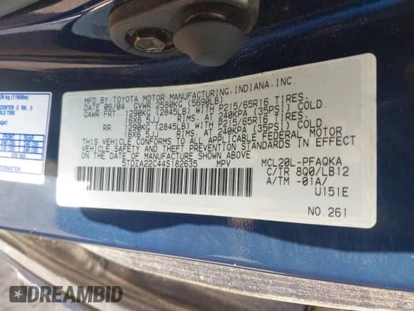 2004 Toyota Sienna XLE z VIN 5TDZA22C44S182635, wystawiony jako IAAI lot #43105504 z przebiegiem 144 173 mil mil oraz . Historia ofert i sprzedaży dostępna na DreamBid. Obrazek 9.