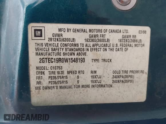 1998 GMC Sierra 1500 with VIN 2GTEC19R0W1548193, listed as a IAAI auction lot 43339168 with 244,861 mi miles and . Bid and sale history available at DreamBid. Image 9.