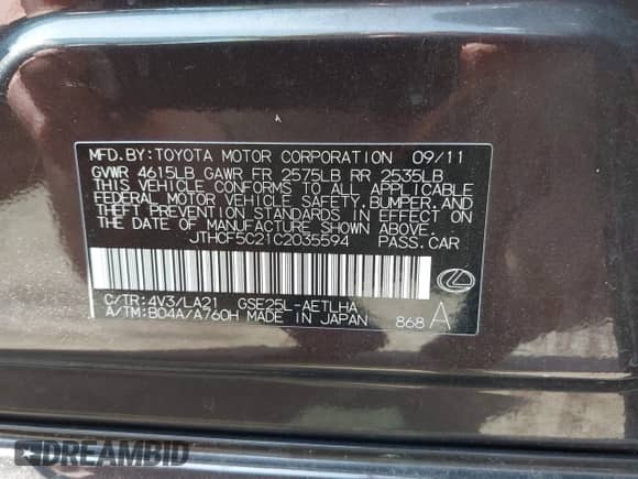 2012 Lexus IS 250 z VIN JTHCF5C21C2035594, wystawiony jako IAAI lot #42546122 z przebiegiem 76 530 mil mil oraz . Historia ofert i sprzedaży dostępna na DreamBid. Obrazek 9.