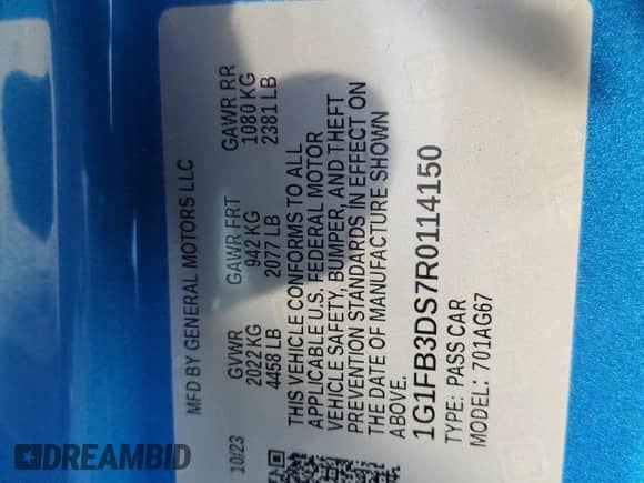 2024 Chevrolet Camaro 1LT with VIN 1G1FB3DS7R0114150, listed as a Copart auction lot 48419715 with 4,834 mi miles and Salvage title. Bid and sale history available at DreamBid. Image 12.