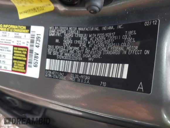2012 Toyota Sienna XLE с VIN 5TDYK3DC0CS229184, выставлен на аукционе IAAI как лот 43523305 с пробегом 206 407 миль миль и . История ставок и продаж доступна на DreamBid. Изображение 9.