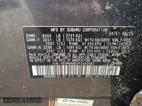 2023 Subaru Ascent Touring с VIN 4S4WMAWD4P3463682, выставлен на аукционе Copart как лот 52794455 с пробегом Не указан миль и Списание • Salvage title. История ставок и продаж доступна на DreamBid. Изображение 13.