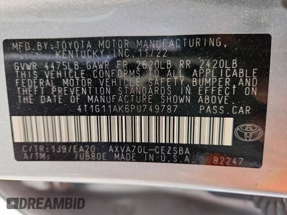 2023 Toyota Camry SE z VIN 4T1G11AK6PU749787, wystawiony jako Copart lot #81722415 z przebiegiem 33 266 mil mil oraz Szkoda całkowita • Salvage title. Historia ofert i sprzedaży dostępna na DreamBid. Obrazek 12.