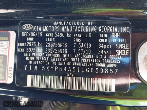 2020 Kia Sorento EX with VIN 5XYPH4A51LG659857, listed as a IAAI auction lot 42711203 with 74,336 mi miles and . Bid and sale history available at DreamBid. Image 9.