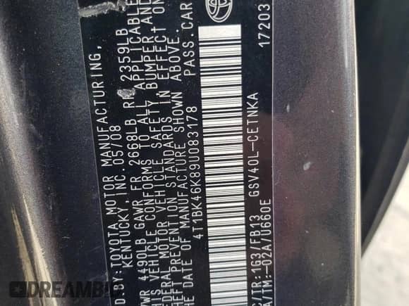 2009 Toyota Camry LE с VIN 4T1BK46K89U083178, выставлен на аукционе Copart как лот 82201165 с пробегом 171 722 миль миль и Списание • Salvage title. История ставок и продаж доступна на DreamBid. Изображение 12.